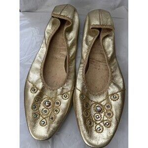 Vintage 1960s Slippers Gold Lame Mercury Leather Rhinestones 9-10 Folding